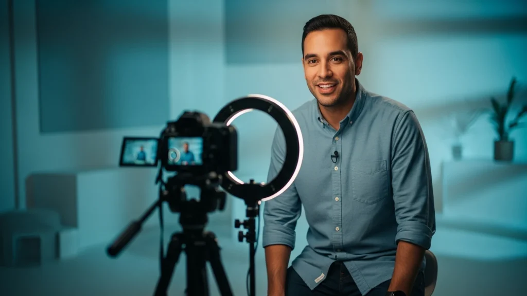 Creador grabando un curso online con cámara y aro de luz usando inteligencia artificial