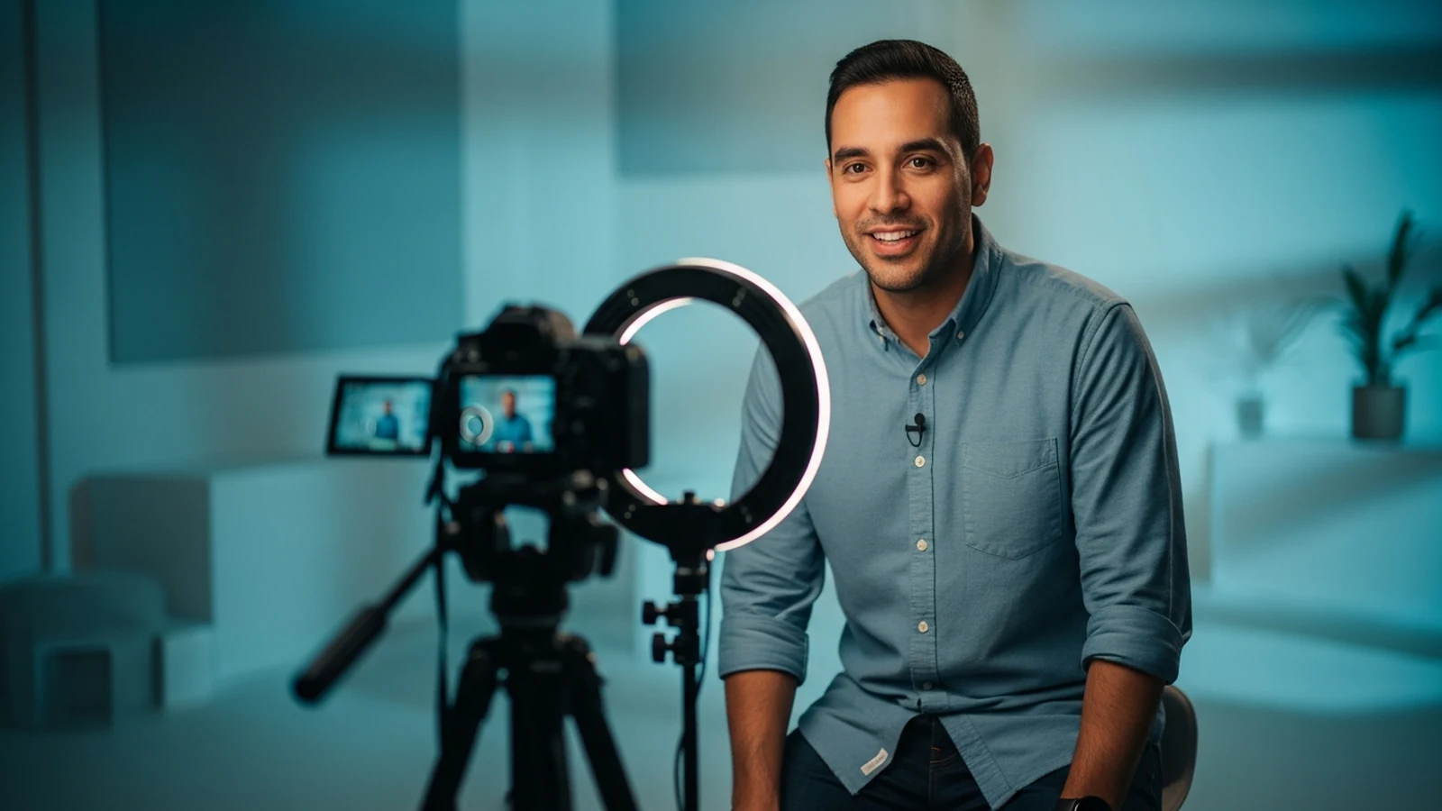 Creador grabando un curso online con cámara y aro de luz usando inteligencia artificial