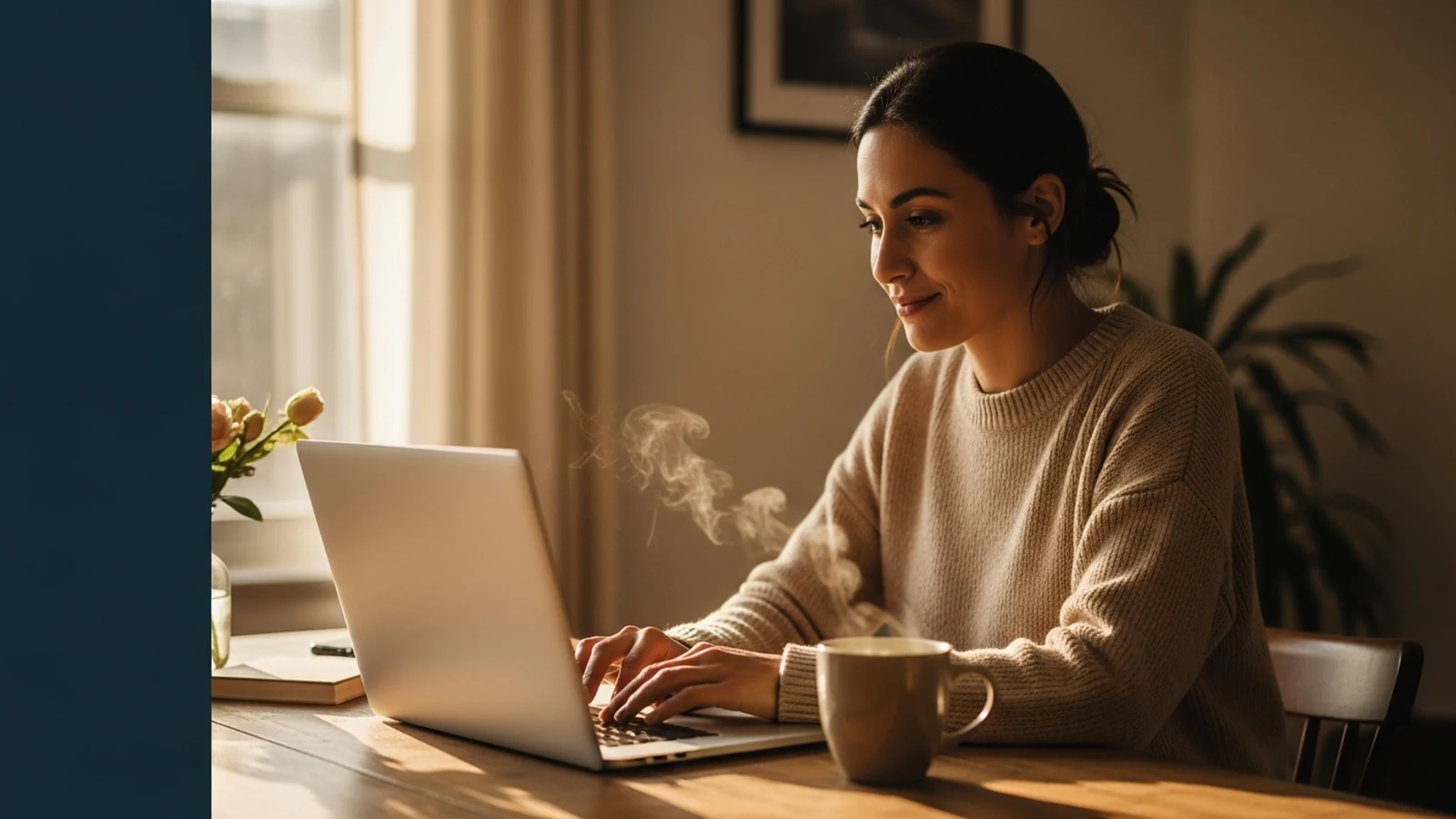 Espacio de trabajo de negocios rentables desde casa con laptop y luz natural
