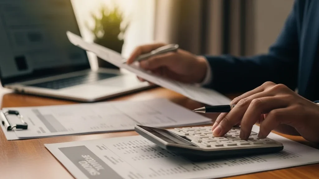Persona haciendo cuentas con calculadora sobre las comisiones de Hotmart