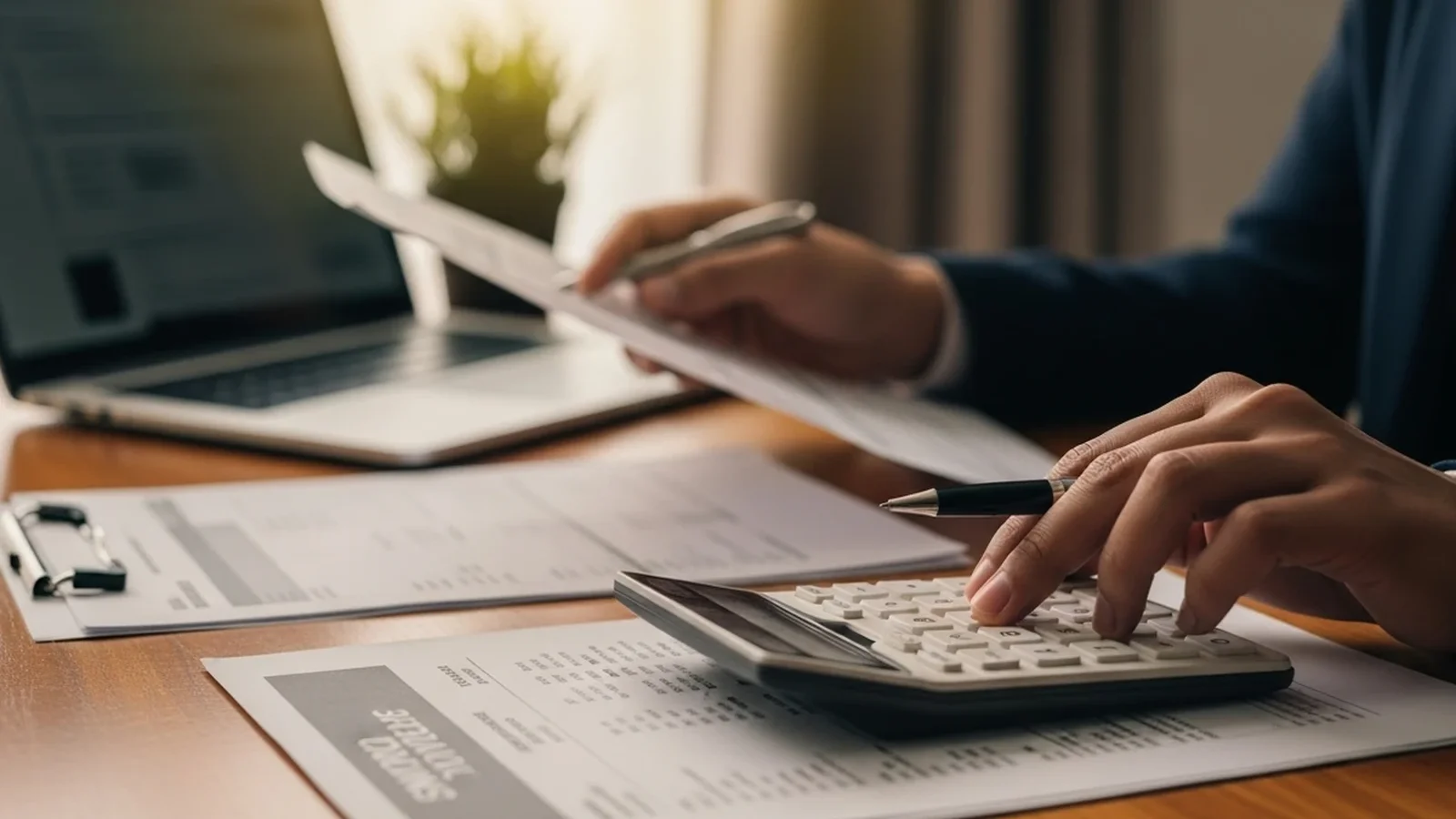 Persona haciendo cuentas con calculadora sobre las comisiones de Hotmart