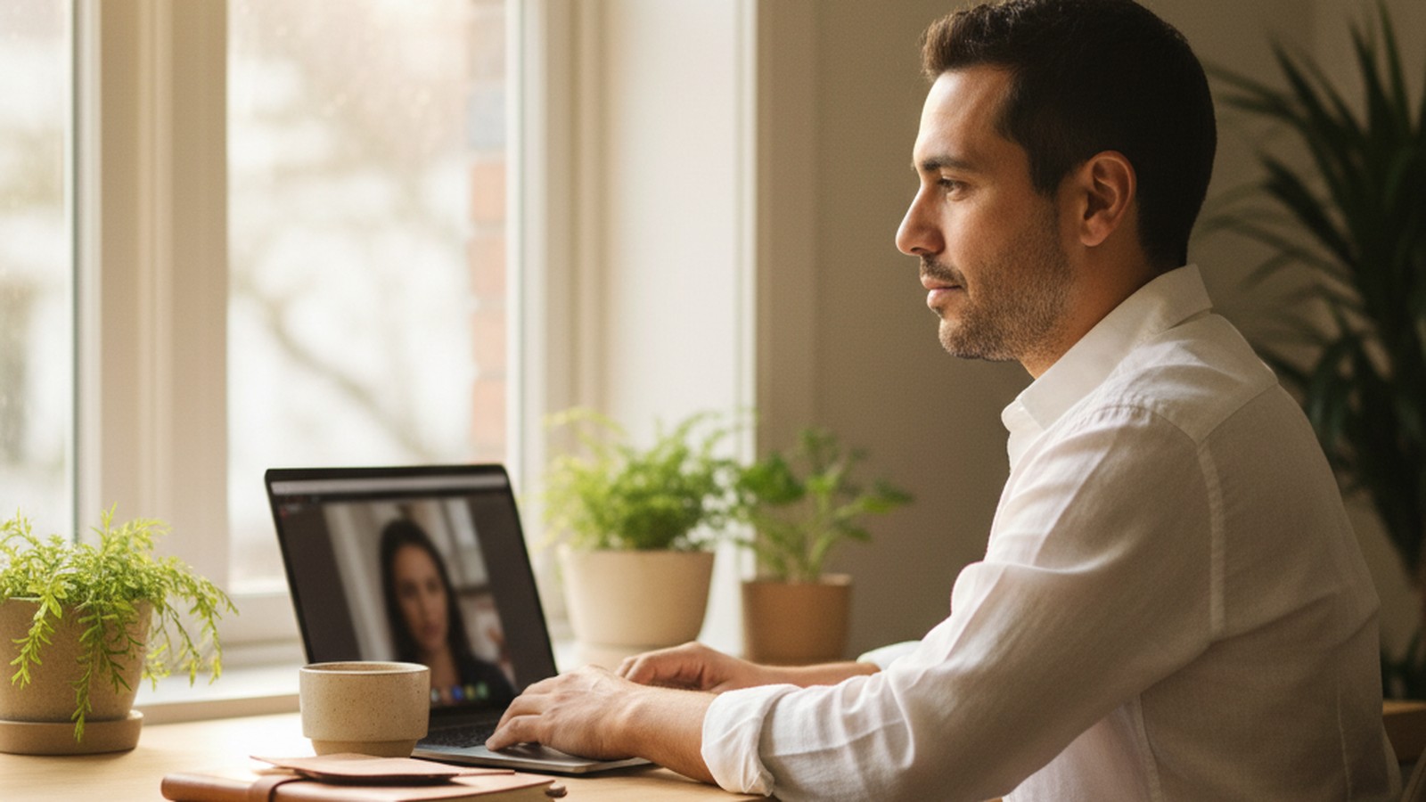 Consultoría online: consultor latino en sesión por videollamada con cliente, laptop y libreta sobre escritorio minimalista