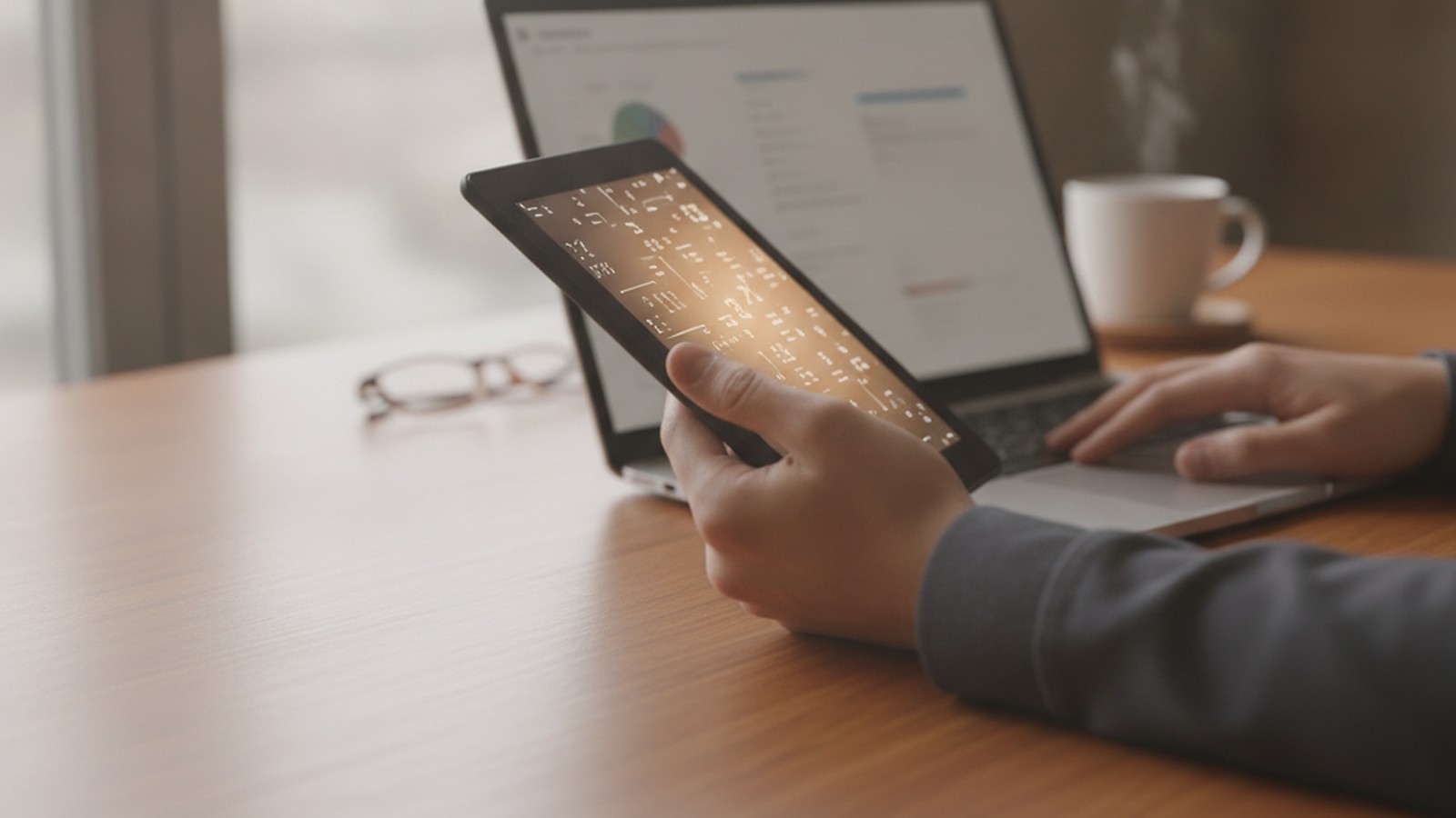 Escritorio con laptop y un ebook en pantalla para elegir una plataforma para vender ebooks